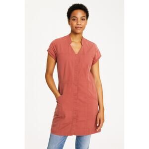 Ibex Organic Herringbone Snap Front Dress Drawstring Short Sleeve Pink Size 8